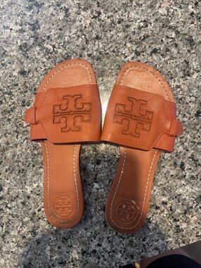 Tory Burch Leather Slide Sandals in Cognac Orange